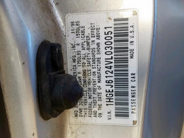 1HGEJ6124VL030051 - 1997 HONDA CIVIC DX SILVER photo 10