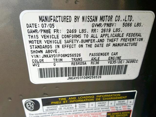 JNKAY01F06M256526 - 2006 INFINITI M35 BASE GRAY photo 10