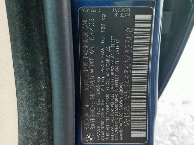 WBAEV53443KM32308 - 2003 BMW 330 I BLUE photo 10