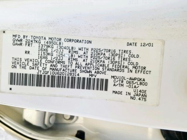 JTJGF10U620128314 - 2002 LEXUS RX 300 WHITE photo 10