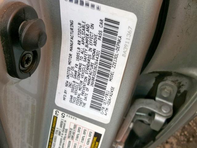 1NXBR32E26Z644301 - 2006 TOYOTA COROLLA CE SILVER photo 10