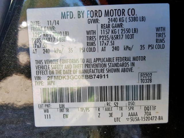 2FMDK3GC0EBB74911 - 2014 FORD EDGE SE CHARCOAL photo 10