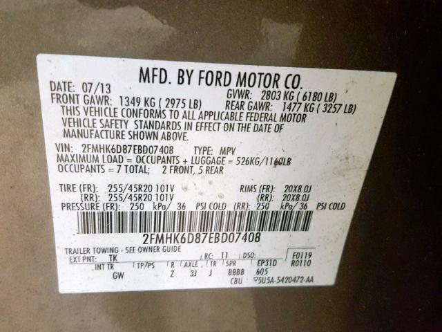 2FMHK6D87EBD07408 - 2014 FORD FLEX LIMIT GRAY photo 10