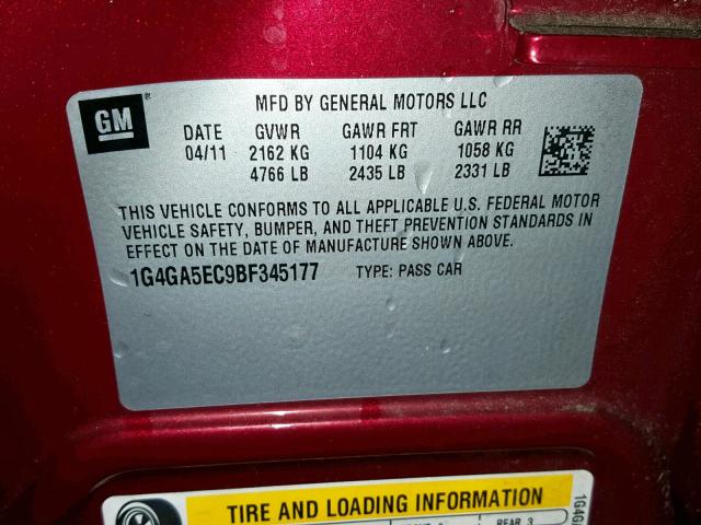 1G4GA5EC9BF345177 - 2011 BUICK LACROSSE C MAROON photo 10