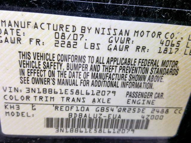 3N1BB61E58L612079 - 2008 NISSAN SENTRA SE- BLACK photo 10