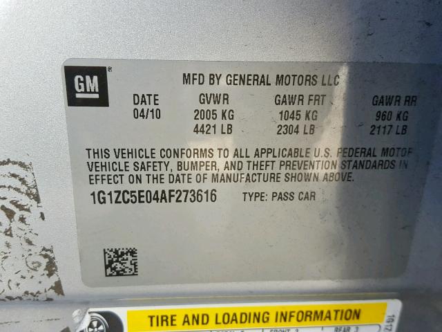 1G1ZC5E04AF273616 - 2010 CHEVROLET MALIBU 1LT GRAY photo 10