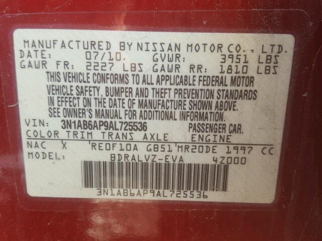 3N1AB6AP9AL725536 - 2010 NISSAN SENTRA 2.0 RED photo 10