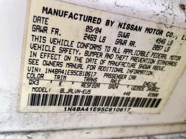 1N4BA41E95C810617 - 2005 NISSAN MAXIMA SE WHITE photo 10