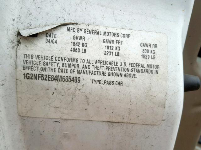 1G2NF52E84M685409 - 2004 PONTIAC GRAND AM S WHITE photo 10