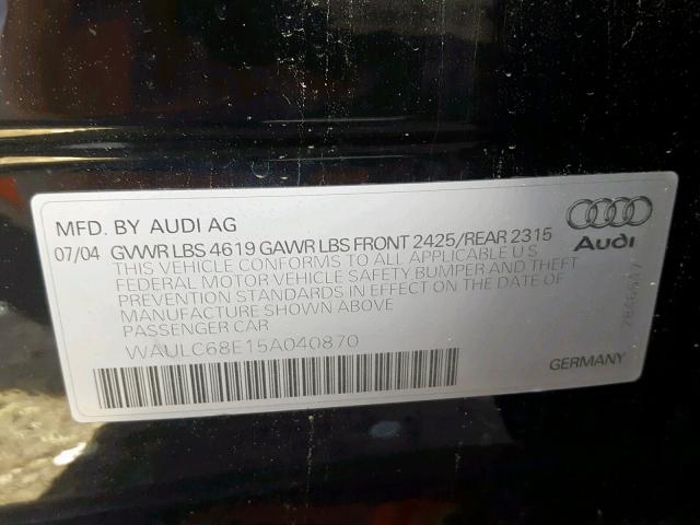 WAULC68E15A040870 - 2005 AUDI A4 1.8T QU BLACK photo 10