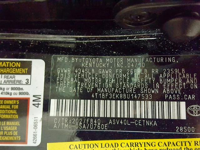 4T1BF3EK8BU147533 - 2011 TOYOTA CAMRY BASE BLACK photo 10