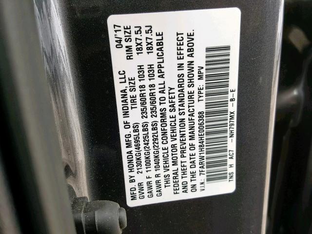 7FARW1H84HE006388 - 2017 HONDA CR-V EXL GRAY photo 10