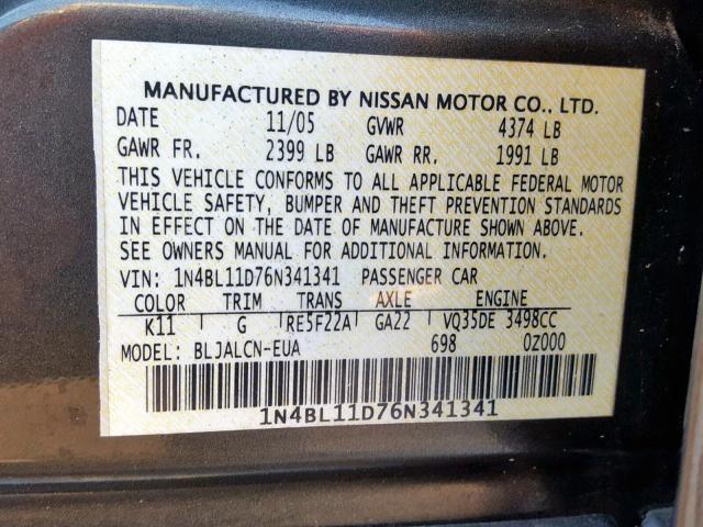 1N4BL11D76N341341 - 2006 NISSAN ALTIMA SE GRAY photo 10