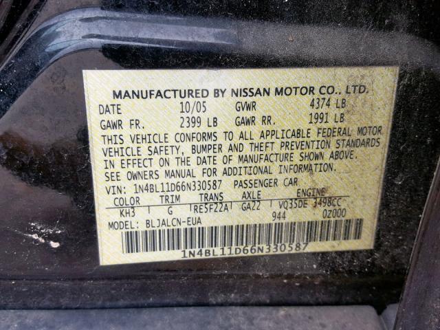 1N4BL11D66N330587 - 2006 NISSAN ALTIMA SE BLACK photo 10