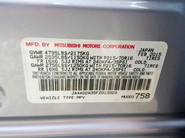 JA4AD2A35FZ013323 - 2015 MITSUBISHI OUTLANDER SILVER photo 10