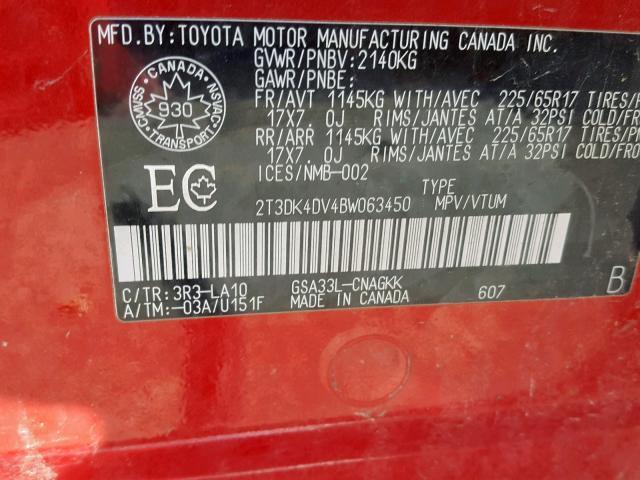 2T3DK4DV4BW063450 - 2011 TOYOTA RAV4 LIMIT RED photo 10