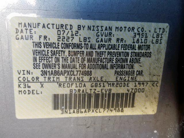 3N1AB6APXCL774988 - 2012 NISSAN SENTRA 2.0 GRAY photo 10