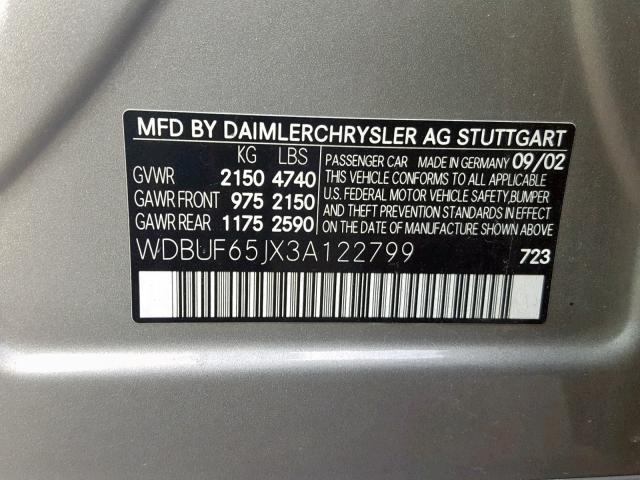 WDBUF65JX3A122799 - 2003 MERCEDES-BENZ E 320 SILVER photo 10