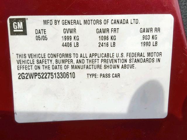 2G2WP522751330610 - 2005 PONTIAC GRAND PRIX MAROON photo 10