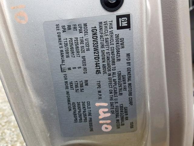 1GNDV33W27D144745 - 2007 CHEVROLET UPLANDER L Gümüş foto 10