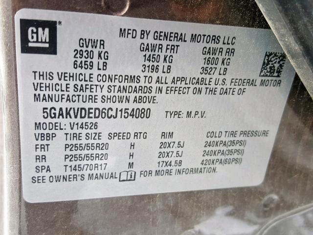 5GAKVDED6CJ154080 - 2012 BUICK ENCLAVE BROWN photo 10