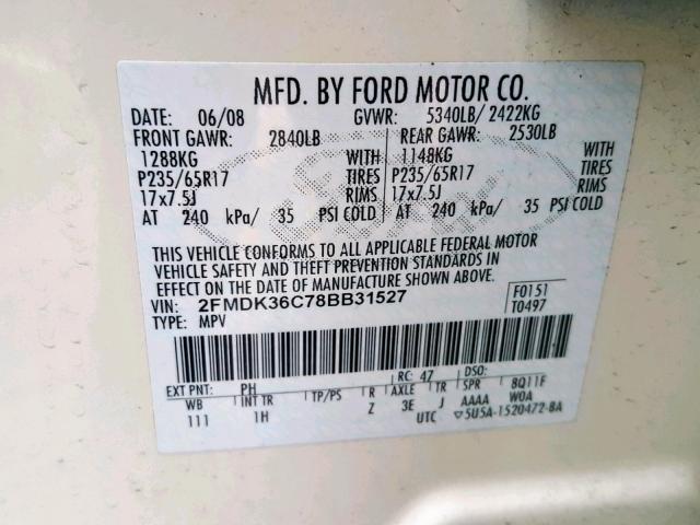 2FMDK36C78BB31527 - 2008 FORD EDGE SE WHITE photo 10