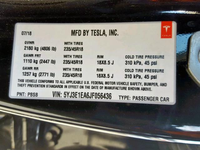 5YJ3E1EA6JF056436 - 2018 TESLA MODEL 3 BLACK photo 10