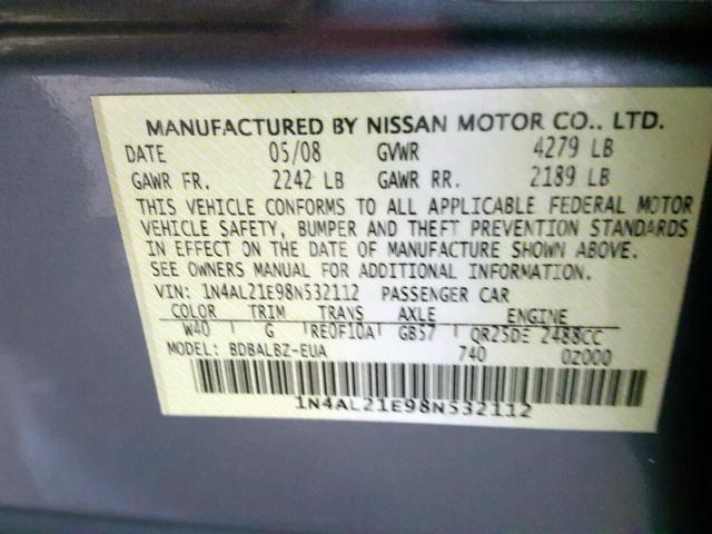 1N4AL21E98N532112 - 2008 NISSAN ALTIMA 2.5 GRAY photo 10