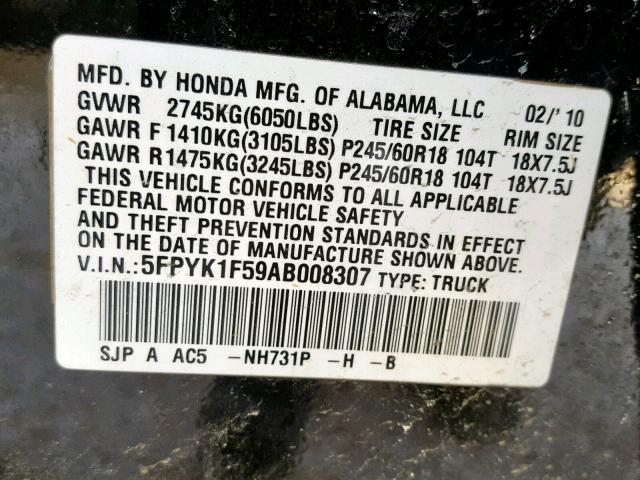 5FPYK1F59AB008307 - 2010 HONDA RIDGELINE BLACK photo 10