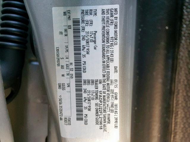 1FADP3J22FL219618 - 2015 FORD FOCUS TITA SILVER photo 10