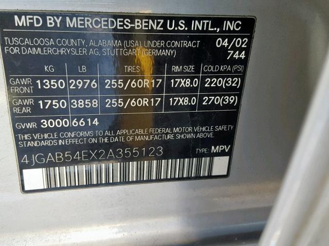 4JGAB54EX2A355123 - 2002 MERCEDES-BENZ ML 320 SILVER photo 10