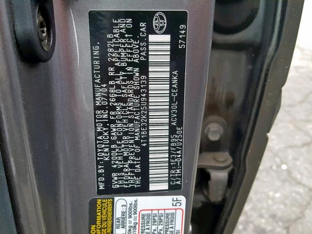 4T1BE32K25U943139 - 2005 TOYOTA CAMRY LE CHARCOAL photo 10