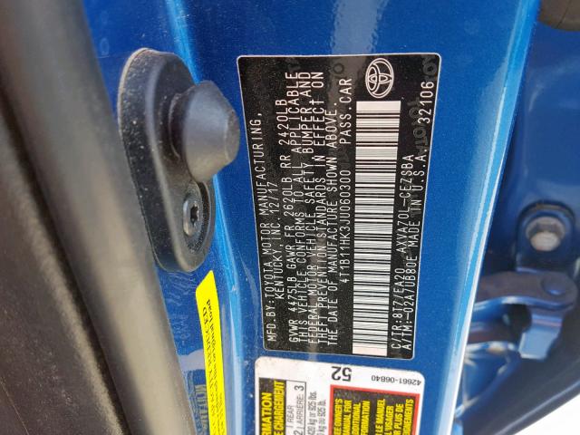 4T1B11HK3JU060300 - 2018 TOYOTA CAMRY L ლურჯი ფოტო 10