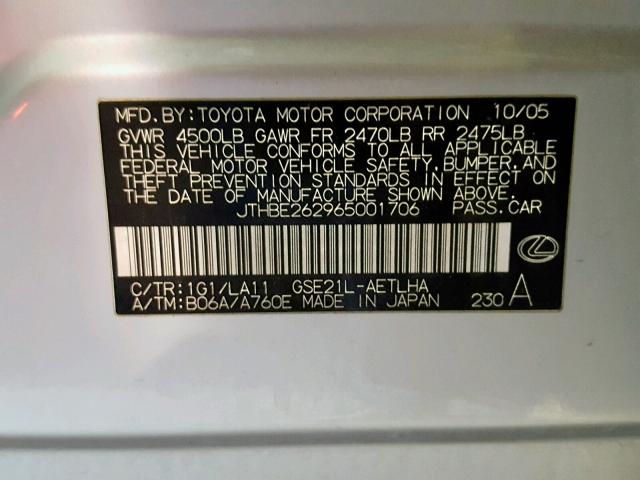 JTHBE262965001706 - 2006 LEXUS IS 350 SILVER photo 10