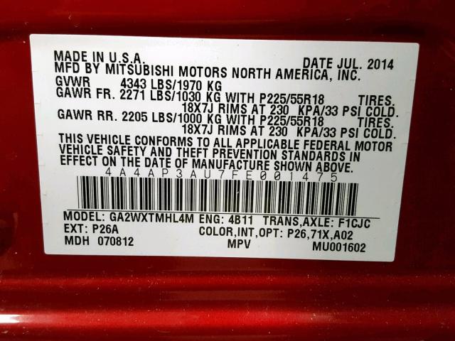 4A4AP3AU7FE001475 - 2015 MITSUBISHI OUTLANDER RED photo 10