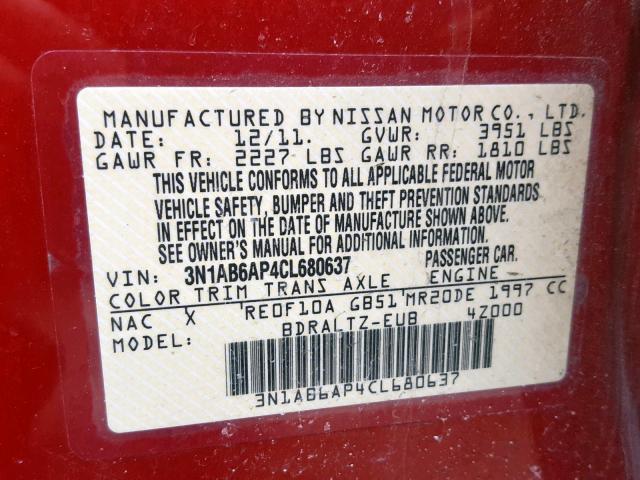 3N1AB6AP4CL680637 - 2012 NISSAN SENTRA 2.0 RED photo 10