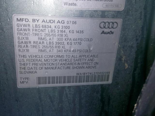 WA1BY74L27D032265 - 2007 AUDI Q7 3.6 QUA TURQUOISE photo 10