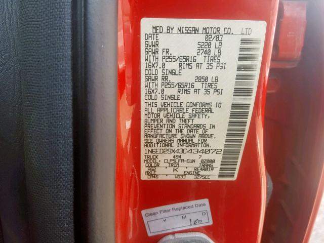 1N6ED29X43C434072 - 2003 NISSAN FRONTIER C RED photo 10