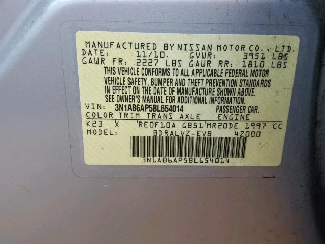 3N1AB6AP5BL654014 - 2011 NISSAN SENTRA 2.0 SILVER photo 10