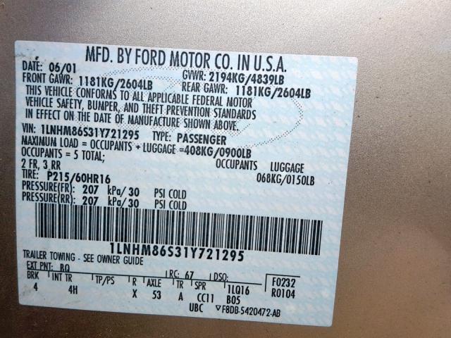 1LNHM86S31Y721295 - 2001 LINCOLN LS GOLD photo 10