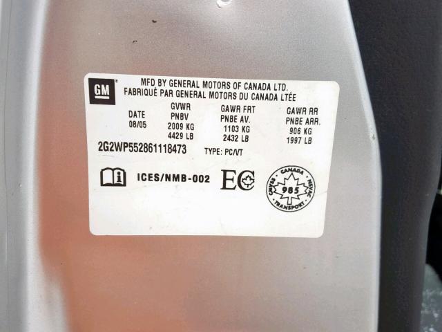 2G2WP552861118473 - 2006 PONTIAC GRAND PRIX SILVER photo 10