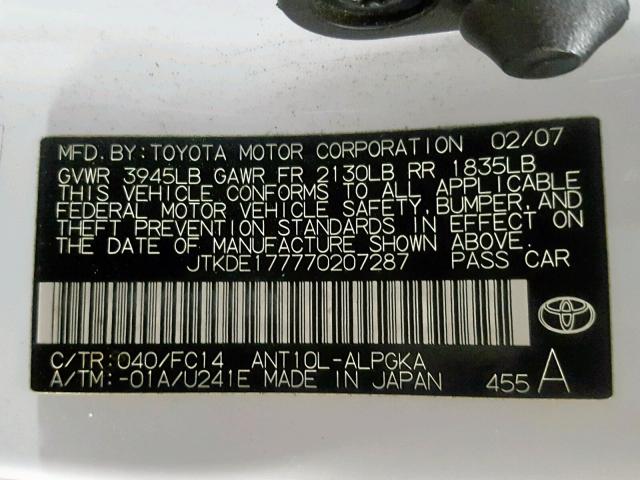 JTKDE177770207287 - 2007 TOYOTA SCION TC 白色 照片 10