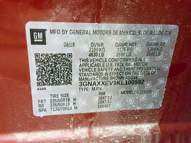 3GNAXXEV9KL100592 - 2019 CHEVROLET EQUINOX PR RED photo 10