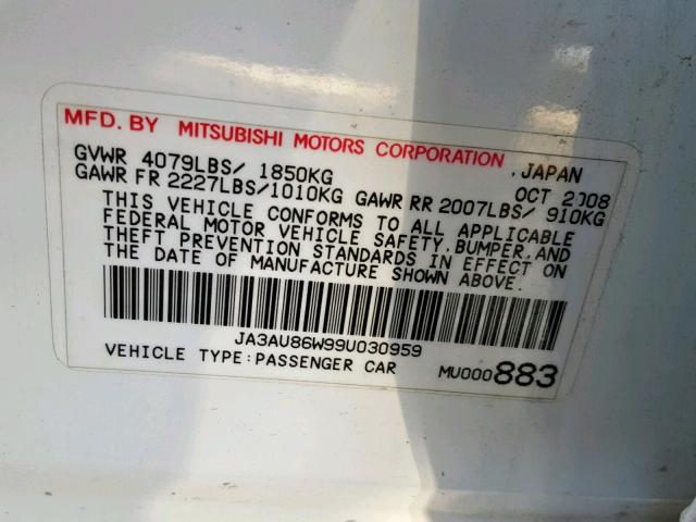 JA3AU86W99U030959 - 2009 MITSUBISHI LANCER GTS WHITE photo 10