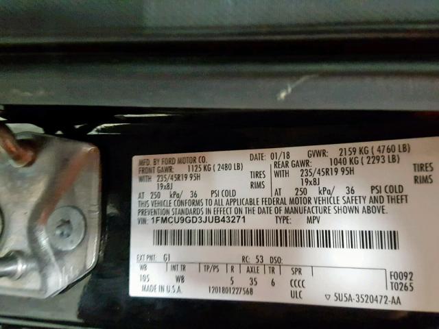 1FMCU9GD3JUB43271 - 2018 FORD ESCAPE SE BLACK photo 10