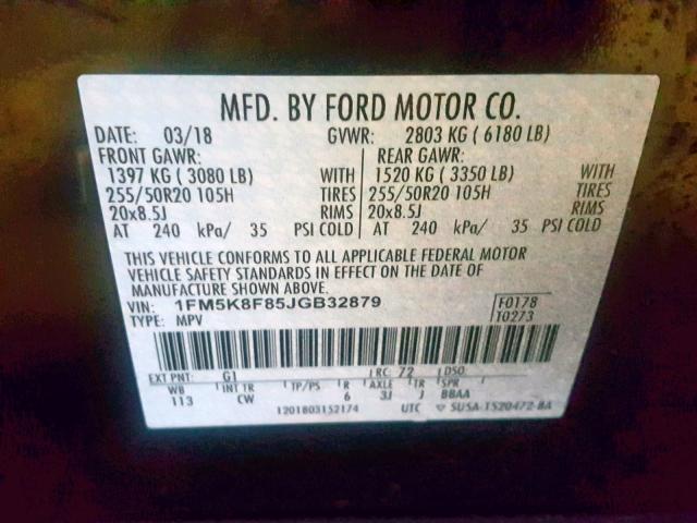 1FM5K8F85JGB32879 - 2018 FORD EXPLORER L BLACK photo 10