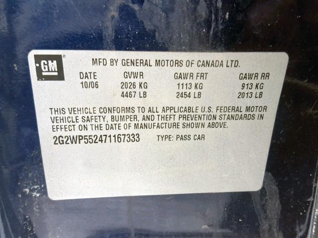 2G2WP552471167333 - 2007 PONTIAC GRAND PRIX BLUE photo 10