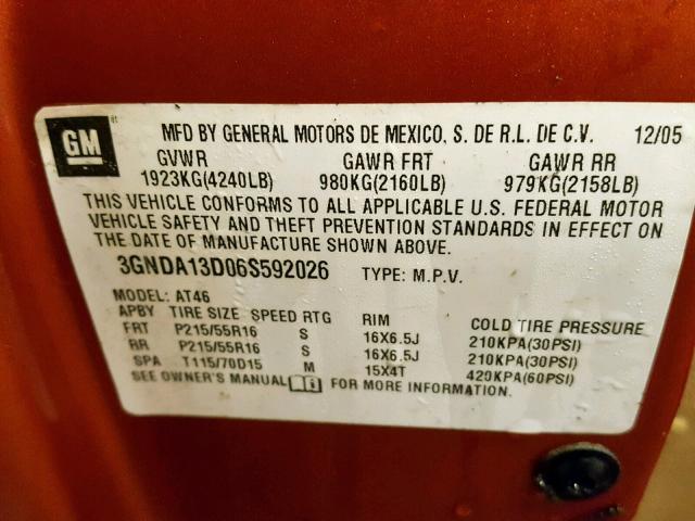 3GNDA13D06S592026 - 2006 CHEVROLET HHR LS ORANGE photo 10