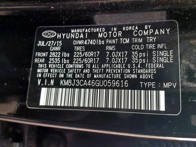 KM8J3CA46GU059616 - 2016 HYUNDAI TUCSON LIM BLACK photo 10