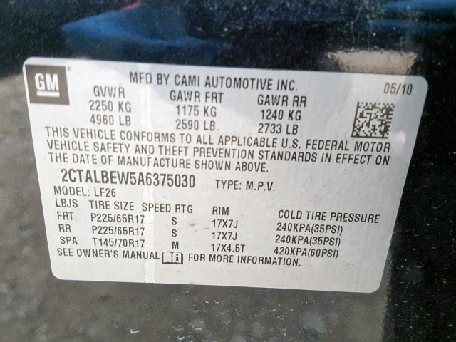 2CTALBEW5A6375030 - 2010 GMC TERRAIN SL GRAY photo 10